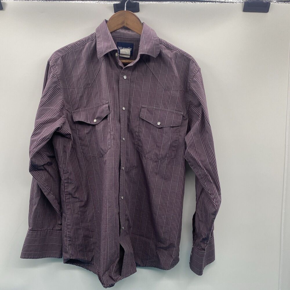 Wrangler Pearl Snap Shirt Men Size L Purple Plaid Western Long Sleeve Cotton
